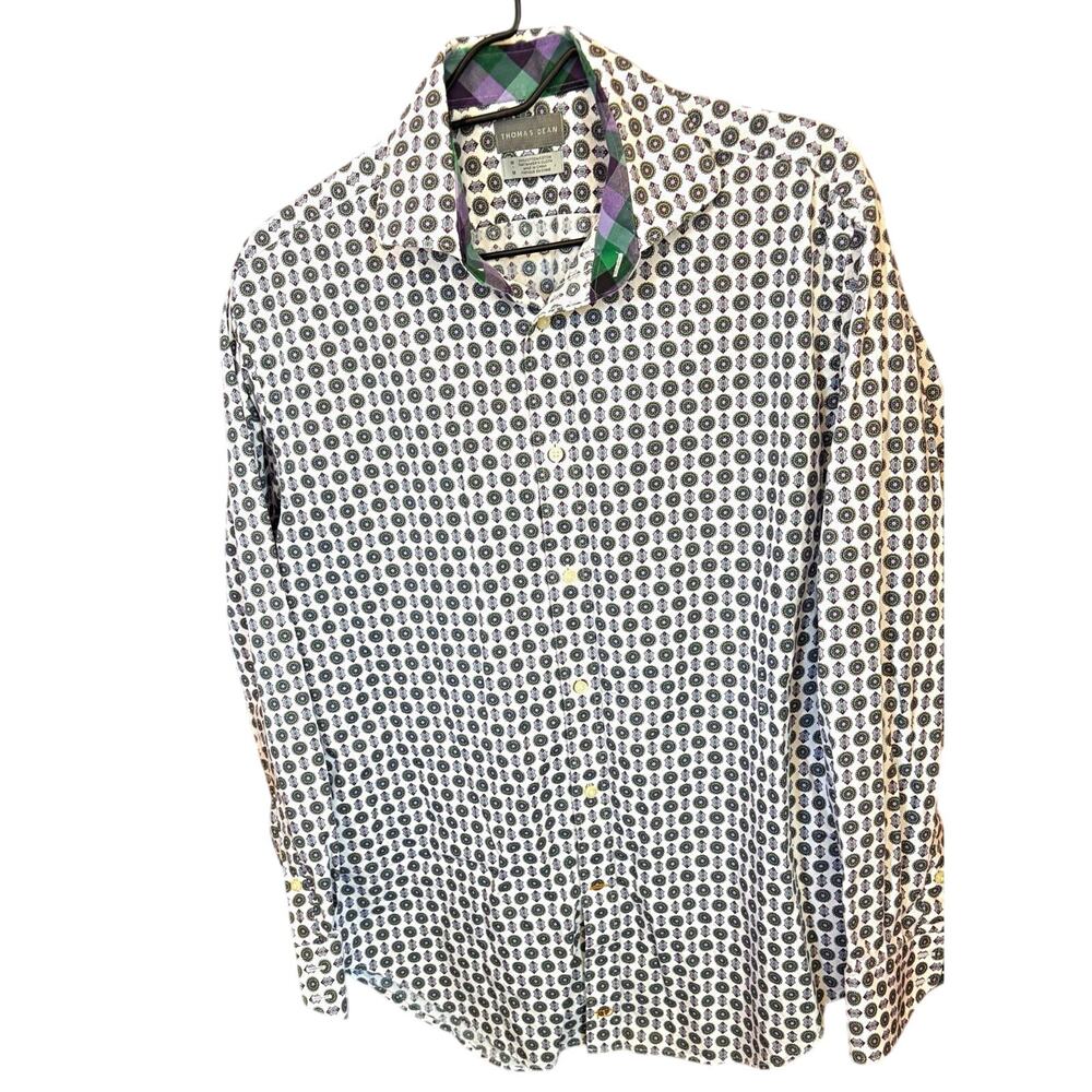 Thomas Dean Men M Woven Cotton Button-Up Shirt White purple green Office casual